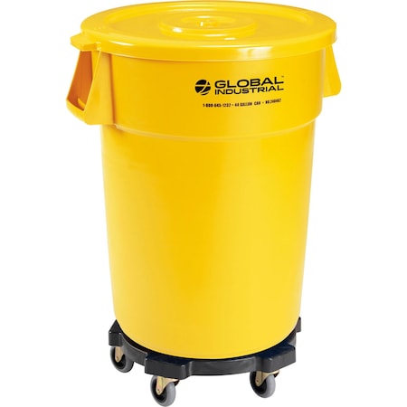 Global Industrial Plastic Trash Can with Lid & Dolly, 44 Gallon Yellow 240462YLB